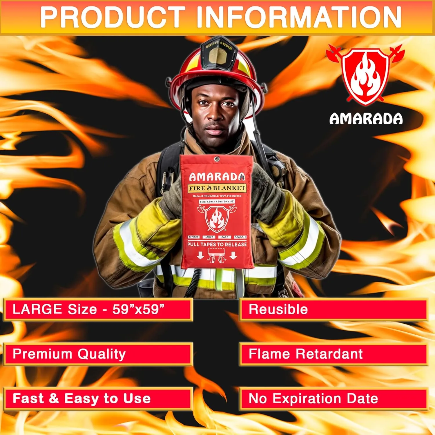 | 2 Pack Emergency Fire Blanket | Large Size 59"x 59" | Ideal for Kitchen, Schools, Offices, Cars, Camping, BBQ, Outdoor Activities