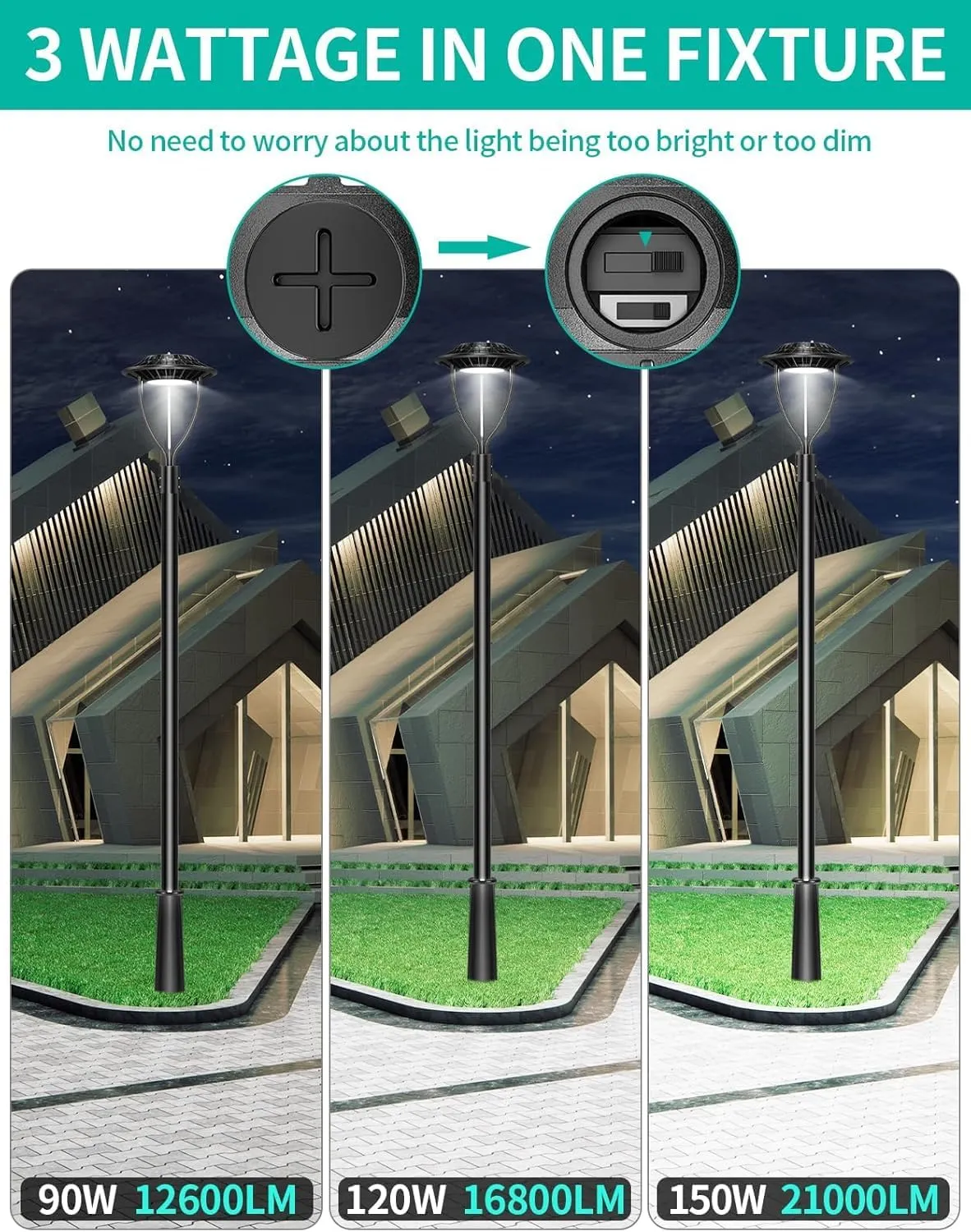 10 Pack LED Post Top Light ETL DLC Listed 150W 120W 90W Adjustable Outdoor Pole Lights with Photocell IP65 Waterproof Post LED Fixture 5000K for Garden Yard Street Lighting