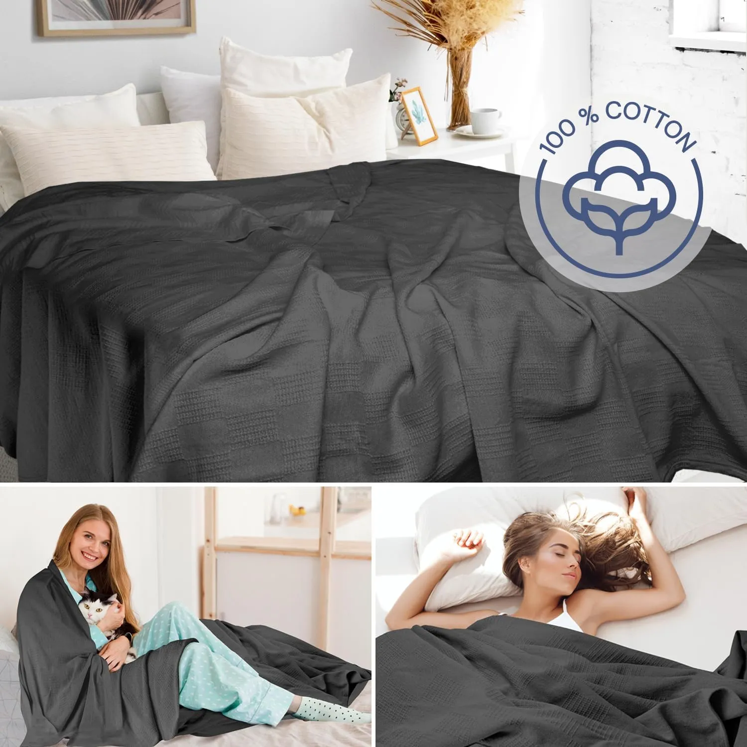 100% Cotton Blanket Twin Size 108x90 - Lightweight Breathable Waffle Weave Thermal Throw for Bed, Sofa & Couch - Soft Cozy, Durable Summer Bedding, All Season Comfort for Home, Travel & Camping, Grey