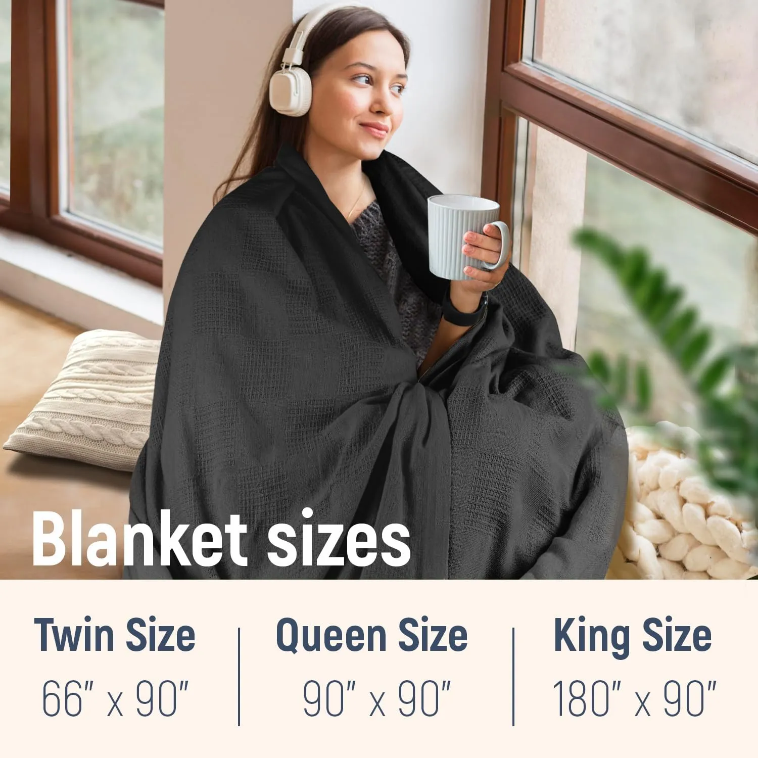 100% Cotton Blanket Twin Size 108x90 - Lightweight Breathable Waffle Weave Thermal Throw for Bed, Sofa & Couch - Soft Cozy, Durable Summer Bedding, All Season Comfort for Home, Travel & Camping, Grey