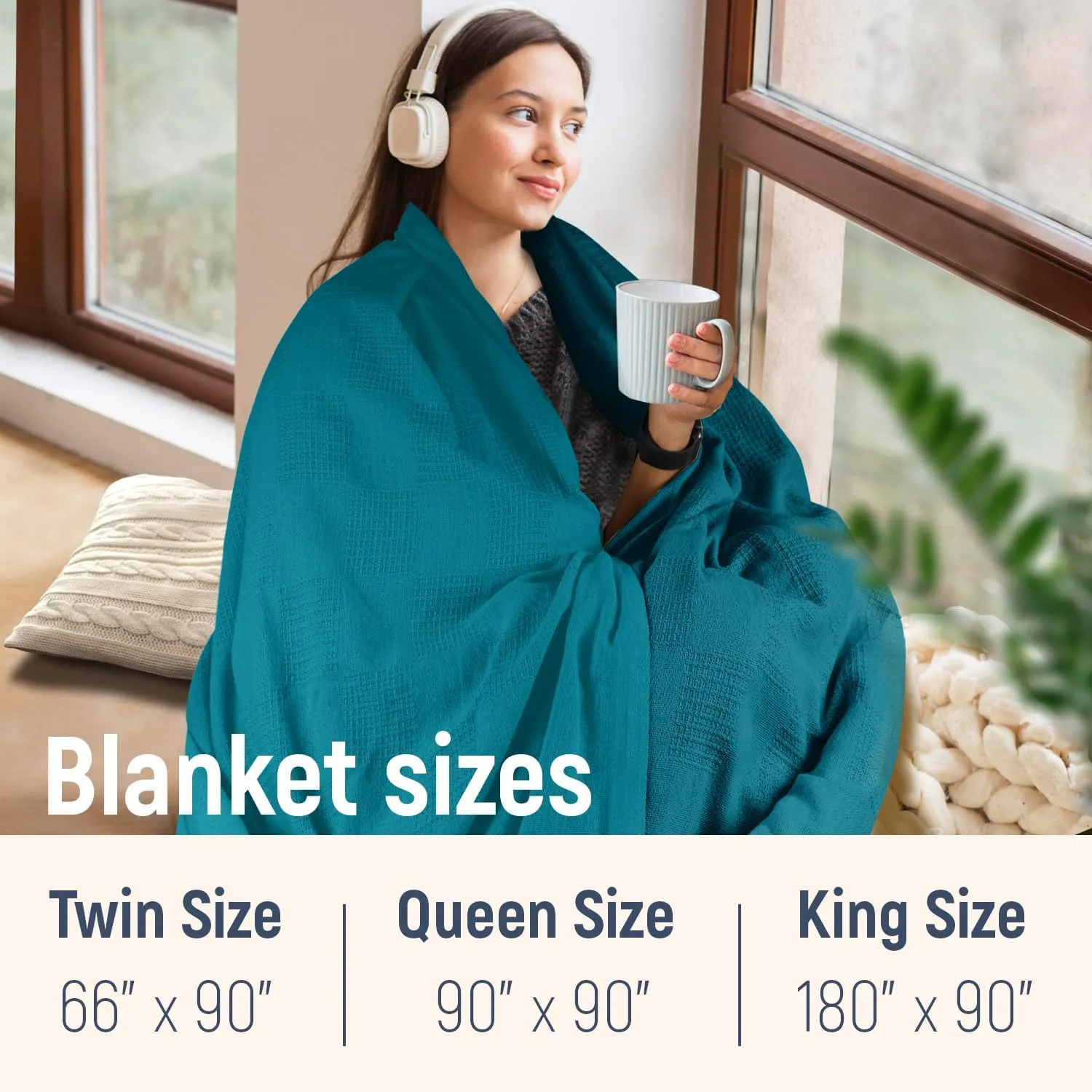 100% Cotton Blanket Twin Size 108x90 - Lightweight Breathable Waffle Weave Thermal Throw for Bed, Sofa & Couch - Soft Cozy, Durable Summer Bedding, All Season Comfort for Home, Travel & Camping, Teal
