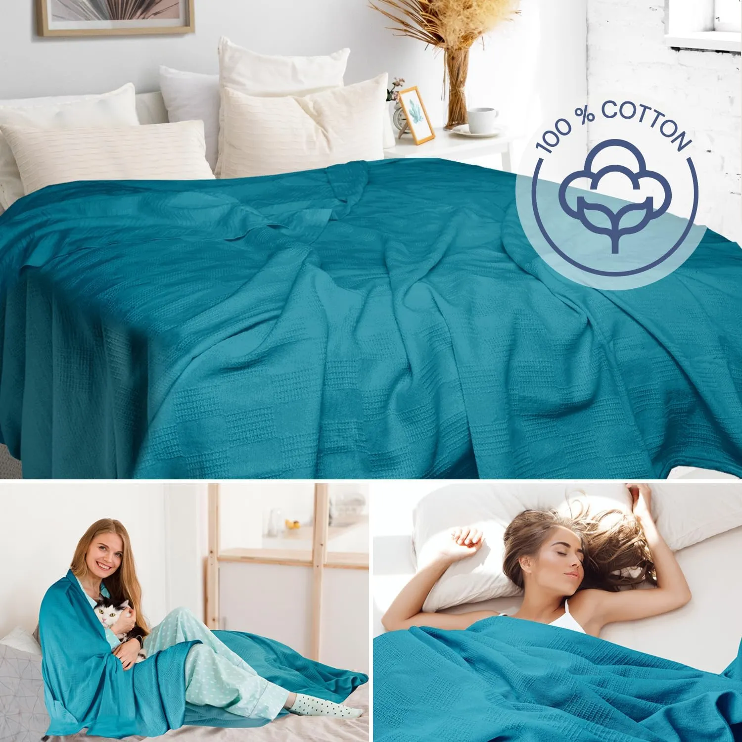 100% Cotton Blanket Twin Size 108x90 - Lightweight Breathable Waffle Weave Thermal Throw for Bed, Sofa & Couch - Soft Cozy, Durable Summer Bedding, All Season Comfort for Home, Travel & Camping, Teal