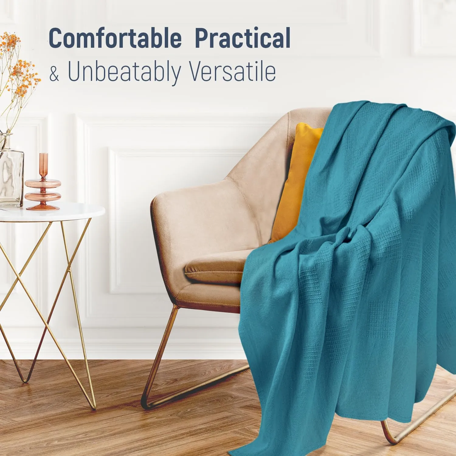 100% Cotton Blanket Twin Size 108x90 - Lightweight Breathable Waffle Weave Thermal Throw for Bed, Sofa & Couch - Soft Cozy, Durable Summer Bedding, All Season Comfort for Home, Travel & Camping, Teal