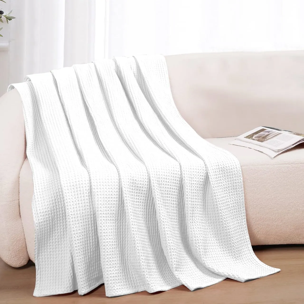 100% Cotton Blankets King Size for Bed - Waffle Weave Blankets for Summer, Lightweight and Breathable Soft Woven Blanket for Spring, White, King (90" x 108")