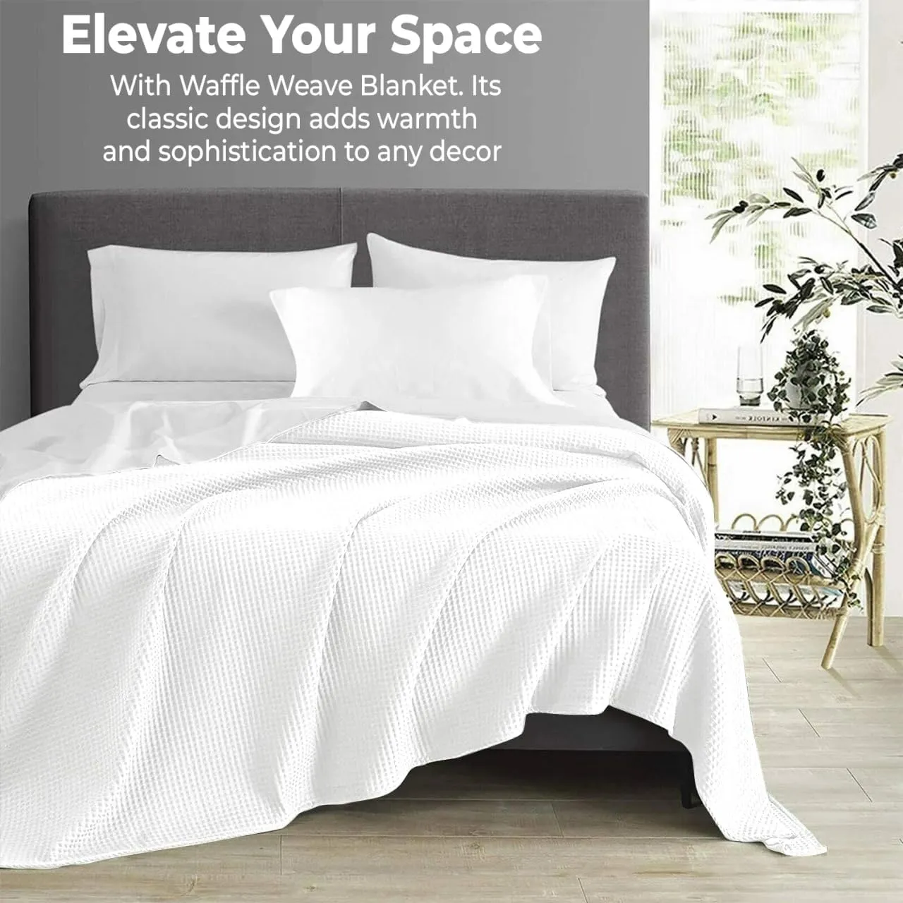 100% Cotton Blankets King Size for Bed - Waffle Weave Blankets for Summer, Lightweight and Breathable Soft Woven Blanket for Spring, White, King (90" x 108")
