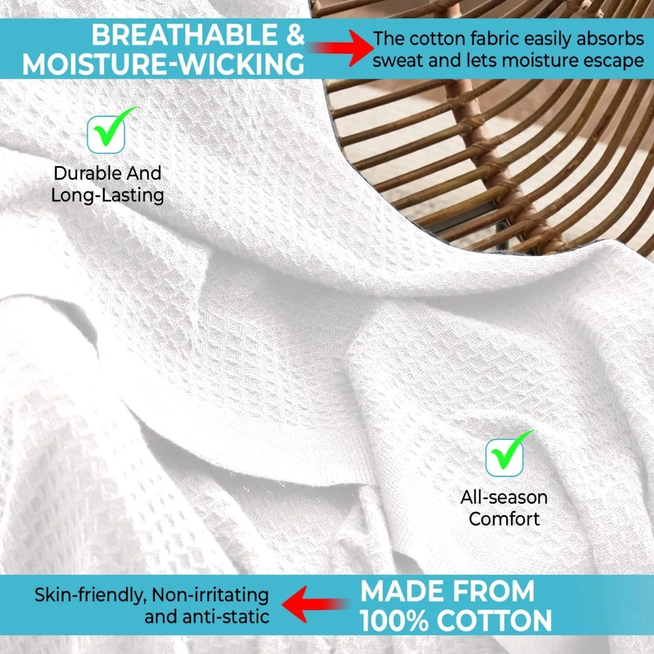 100% Cotton Blankets King Size for Bed - Waffle Weave Blankets for Summer, Lightweight and Breathable Soft Woven Blanket for Spring, White, King (90" x 108")