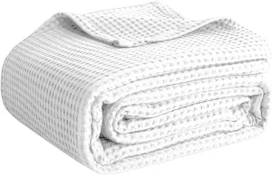 100% Cotton Blankets King Size for Bed - Waffle Weave Blankets for Summer, Lightweight and Breathable Soft Woven Blanket for Spring, White, King (90" x 108")