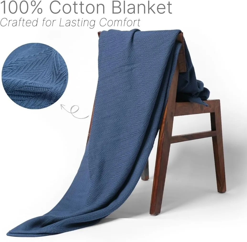 100% Cotton Herringbone Weave Blankets, 108"X90" King, Throw Blanket for Bed,All Season Cotton Blanket, Cozy Blanket,Throws Bed Blanket, Throw Blanket for Couch,Modern Home Decor -Navy Blue