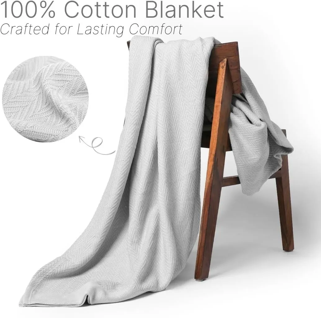 100% Cotton Herringbone Weave Blankets, 66"X90" Twin, Throw Blanket for Bed,All Season Cotton Blanket, Cozy Blanket,Throws Bed Blanket, Throw Blanket for Couch,Modern Home Decor -Light Grey