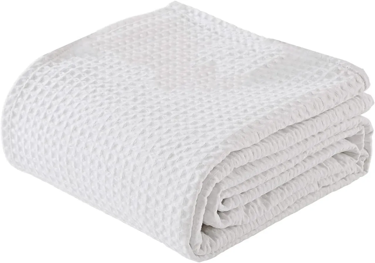 100% Cotton Waffle Weave Queen Size Blanket - Soft, Lightweight, Thermal - White