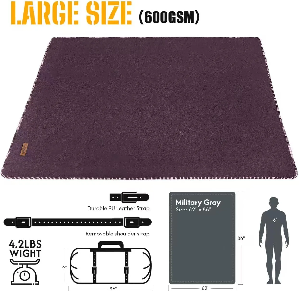 100% Wool Blanket, 62" x 86", Warm, Thick, Washable, Military Wool Blanket, Great for Camping, Outdoors, Sporting Events, Survival Kits，Plum