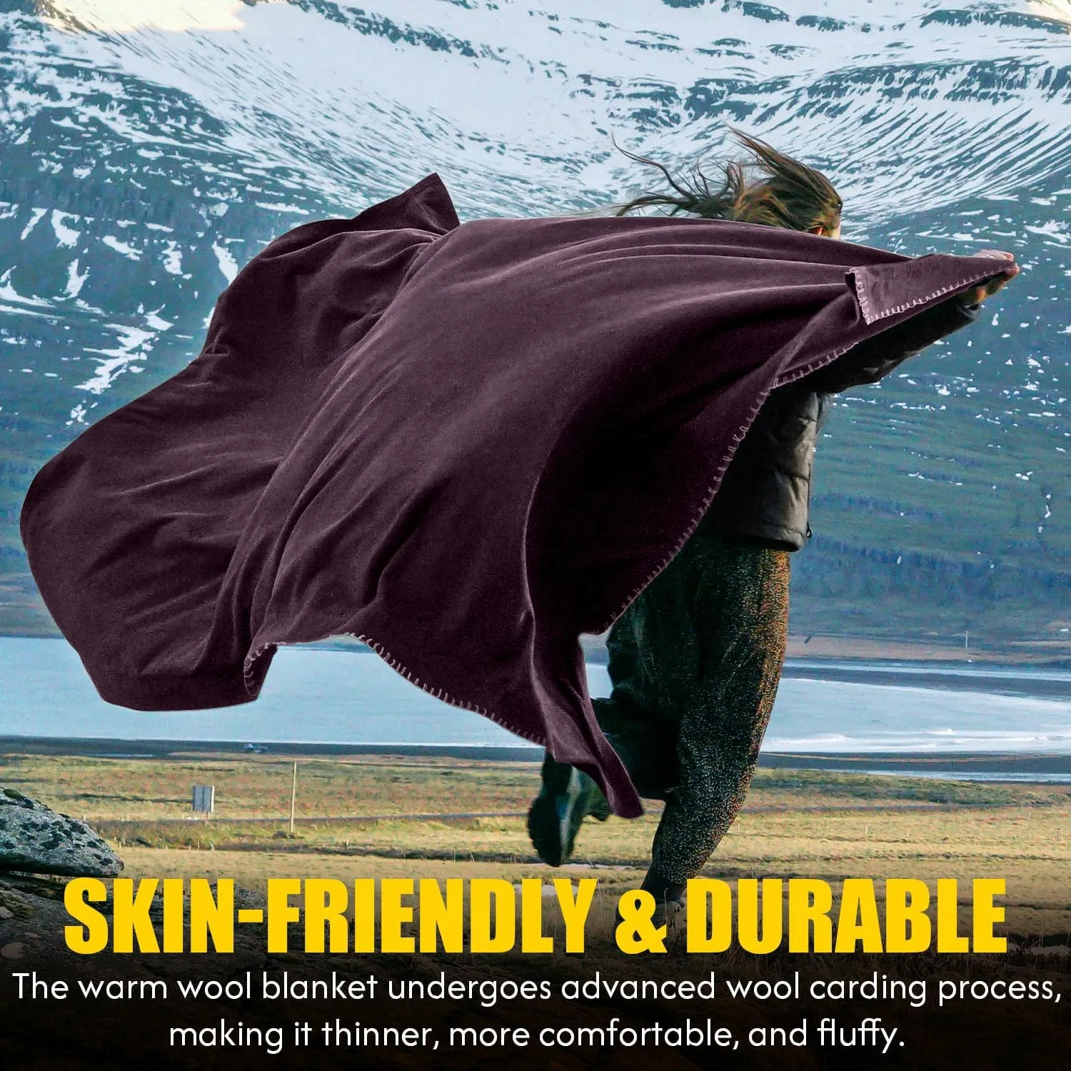 100% Wool Blanket, 62" x 86", Warm, Thick, Washable, Military Wool Blanket, Great for Camping, Outdoors, Sporting Events, Survival Kits，Plum