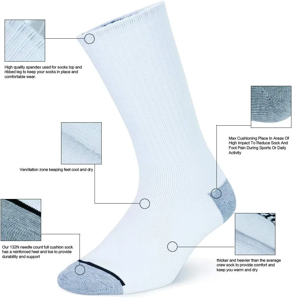 10P Pack Men's Cotton Performance Duty Work Socks,Athletic Crew Anti Sweat Blisters Cushion Socks