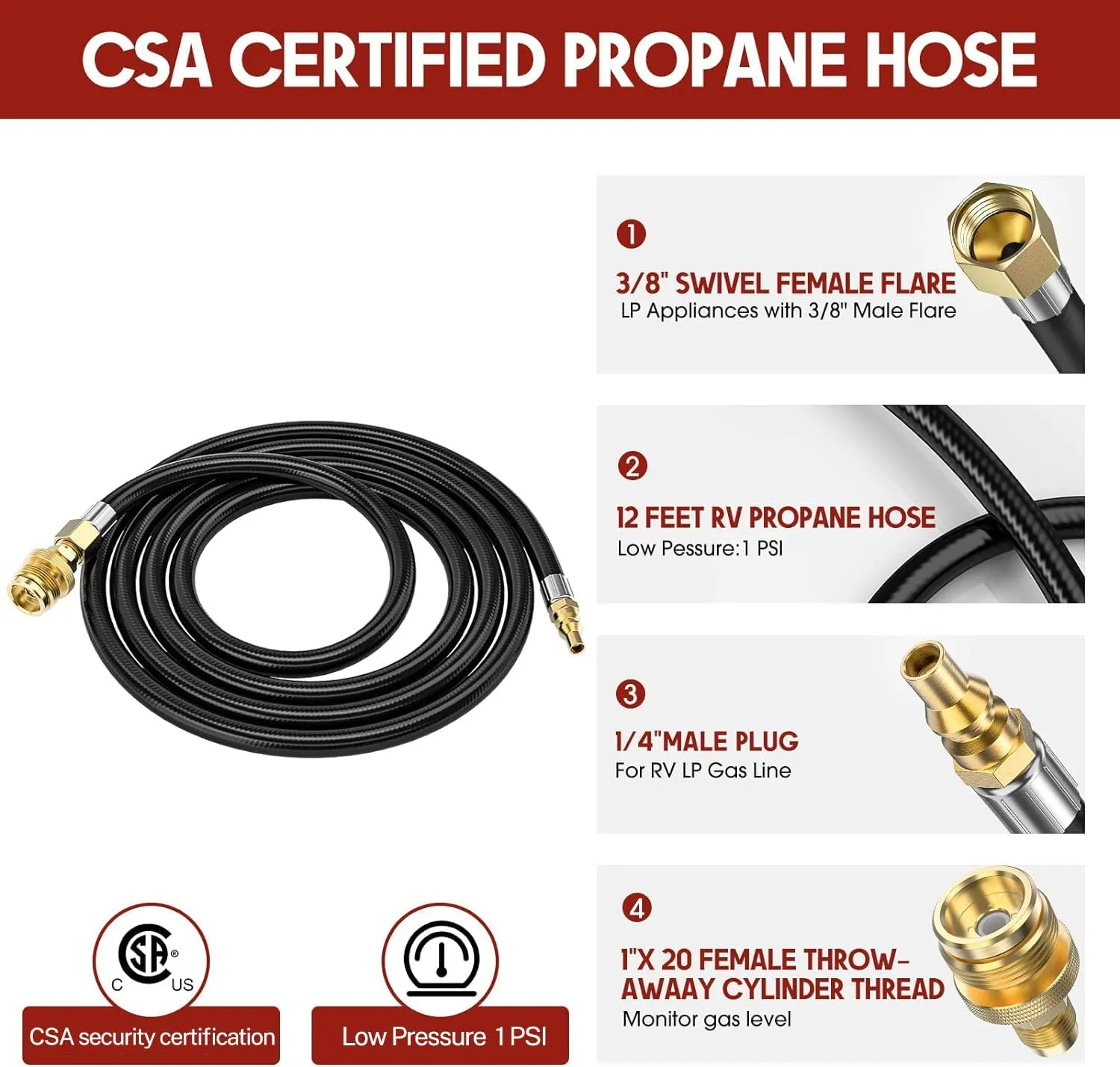 12 FT Propane Quick Connect Hose for RV to Gas Grill, Propane Quick Connect Fittings for 1 LB Throwaway Bottle Connects 1 LB Portable Appliance to RV 1/4" Female Quick Disconnect