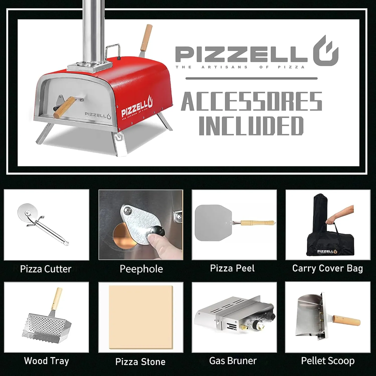 12" Outdoor Pizza Oven Propane and Wood Fired Pizza Maker Multi-Fuel Pizza Ovens with Gas Burner, Wood Tray, Stone, Pizza Peel, Cover, Forte Gas (Red)