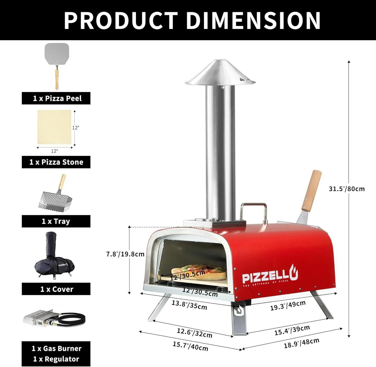 12" Outdoor Pizza Oven Propane and Wood Fired Pizza Maker Multi-Fuel Pizza Ovens with Gas Burner, Wood Tray, Stone, Pizza Peel, Cover, Forte Gas (Red)