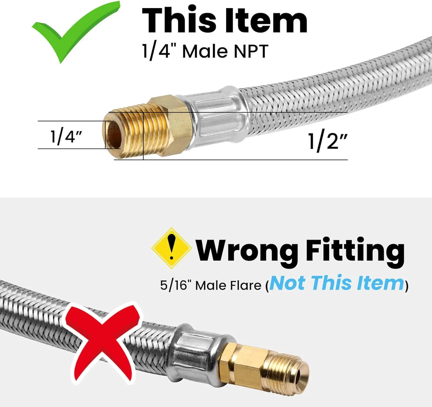15 Inch RV Propane Hose Replacement with Gauge, 2 Pack Camper Propane Hose for RV Two-Stage Regulator, Stainless Steel Braided, 1/4" Male NPT & QCC 1 Inlet, 350PSI