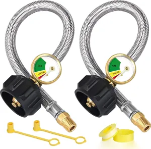 15 Inch RV Propane Hose Replacement with Gauge, 2 Pack Camper Propane Hose for RV Two-Stage Regulator, Stainless Steel Braided, 1/4" Male NPT & QCC 1 Inlet, 350PSI