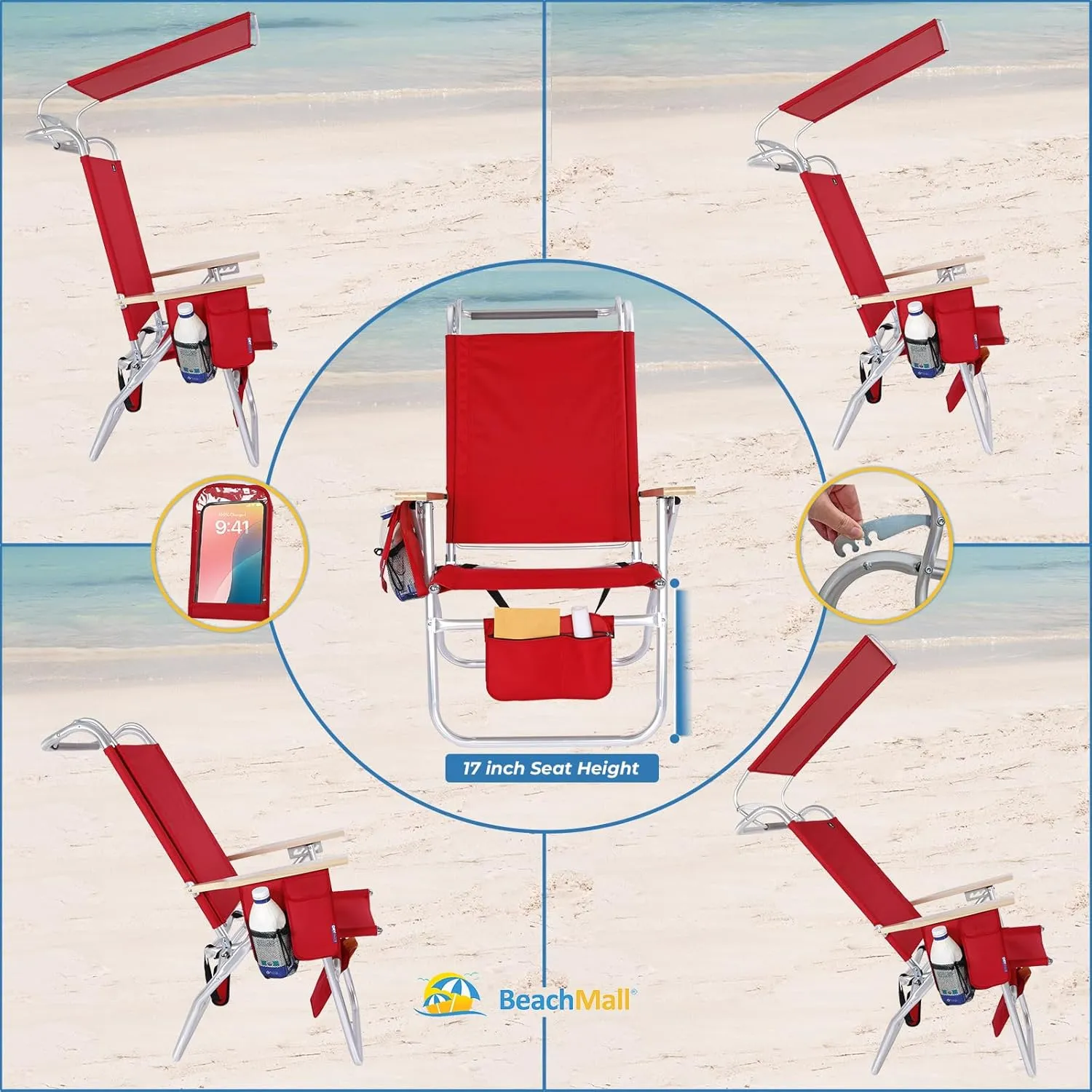 17 Inches High Seat Big Tycoon Aluminum Beach Chair with Canopy