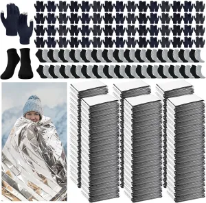180 Pcs Winter Emergency Thermal Set Emergency Thermal Blankets Warm Socks Touchscreen Gloves Bulk Space Blanket Survival Kit for Cold Weather Outdoor Camping Hiking for Men Women
