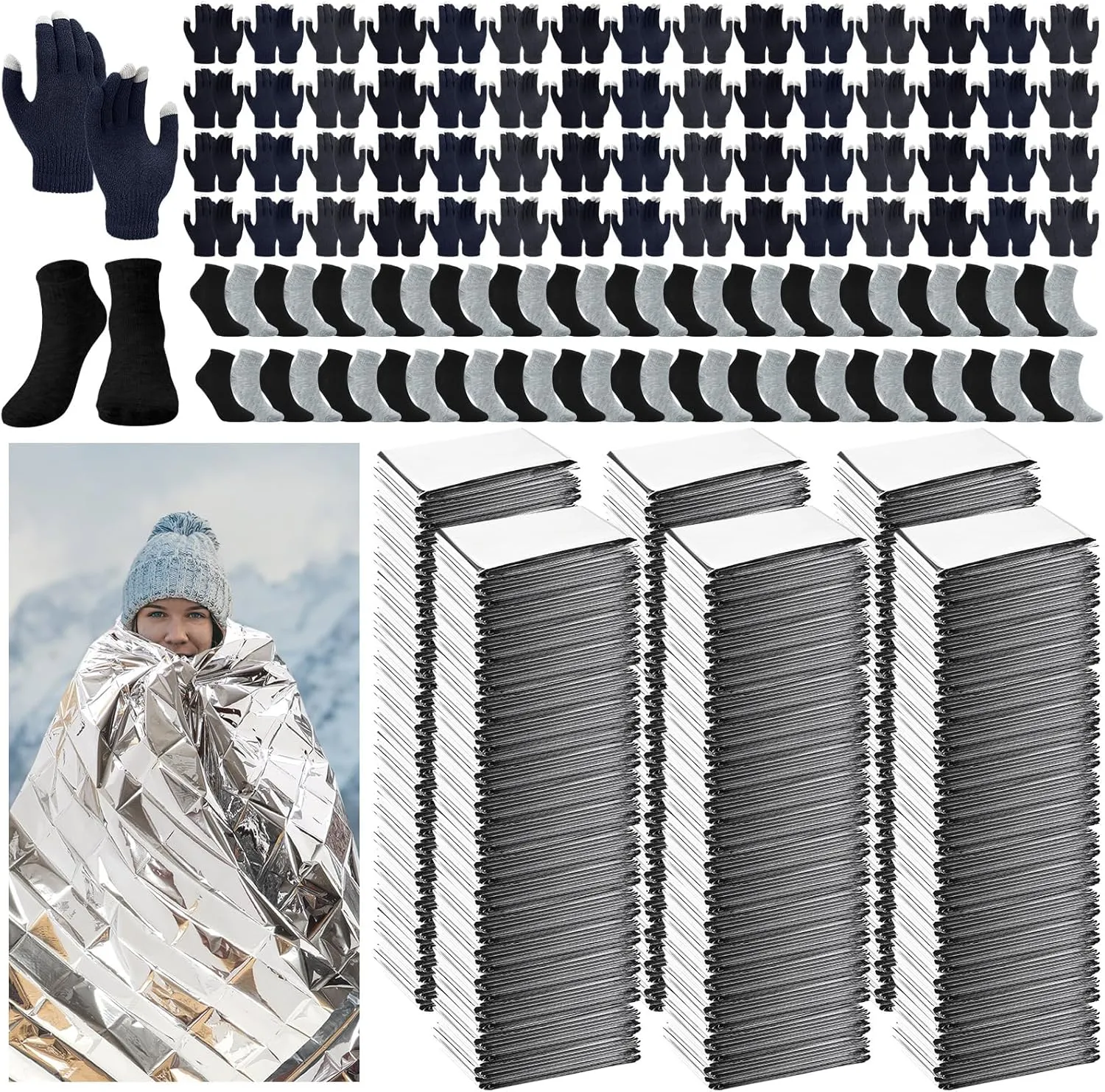 180 Pcs Winter Emergency Thermal Set Emergency Thermal Blankets Warm Socks Touchscreen Gloves Bulk Space Blanket Survival Kit for Cold Weather Outdoor Camping Hiking for Men Women