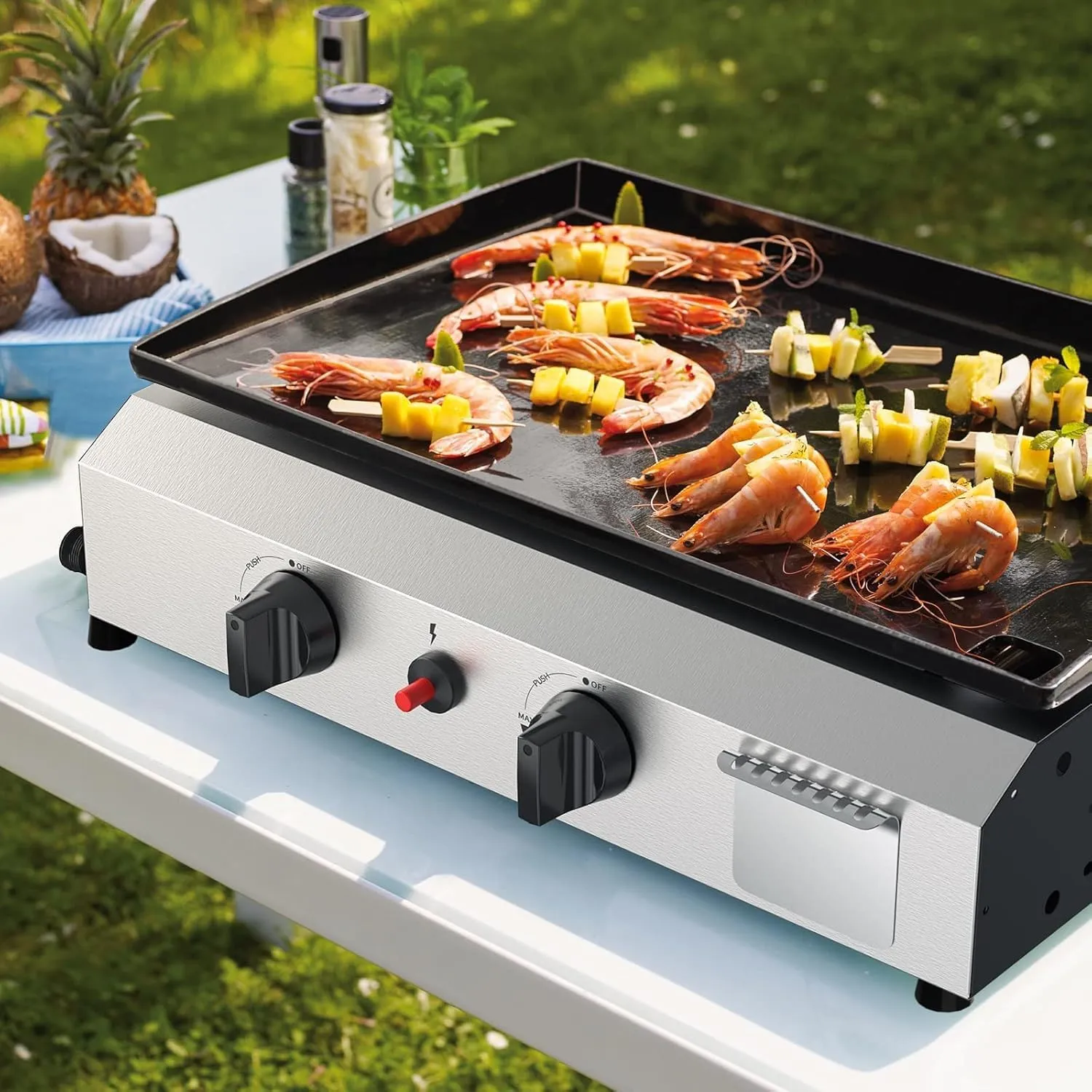 2 Burner BBQ Gas Griddle, 17.3 Inch Stainless Steel Portable Detachable Propane Griddle, 20,000 BTU Flat Top Barbecue Grill for Camping