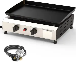 2 Burner BBQ Gas Griddle, 17.3 Inch Stainless Steel Portable Detachable Propane Griddle, 20,000 BTU Flat Top Barbecue Grill for Camping