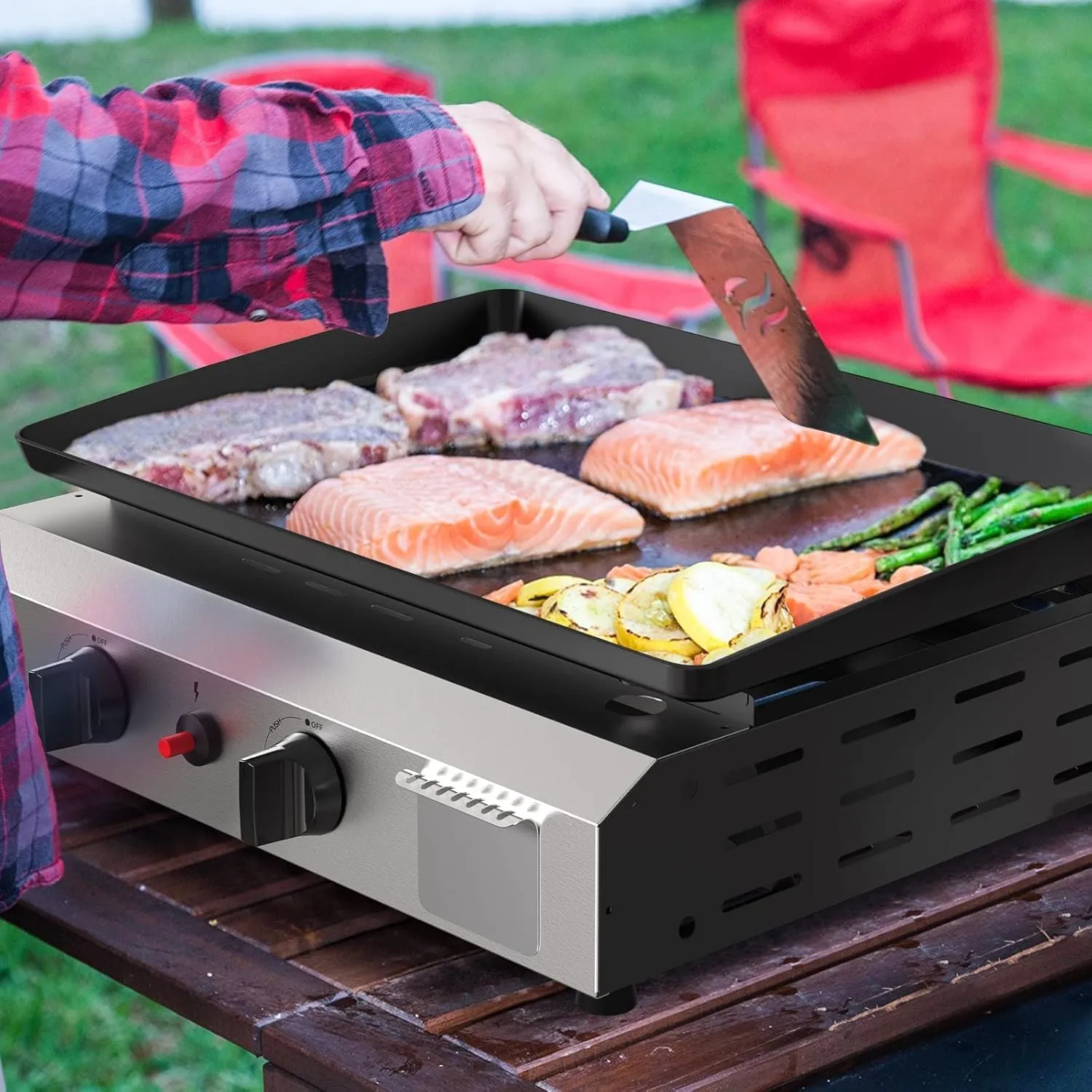 2 Burner BBQ Gas Griddle, 17.3 Inch Stainless Steel Portable Detachable Propane Griddle, 20,000 BTU Flat Top Barbecue Grill for Camping