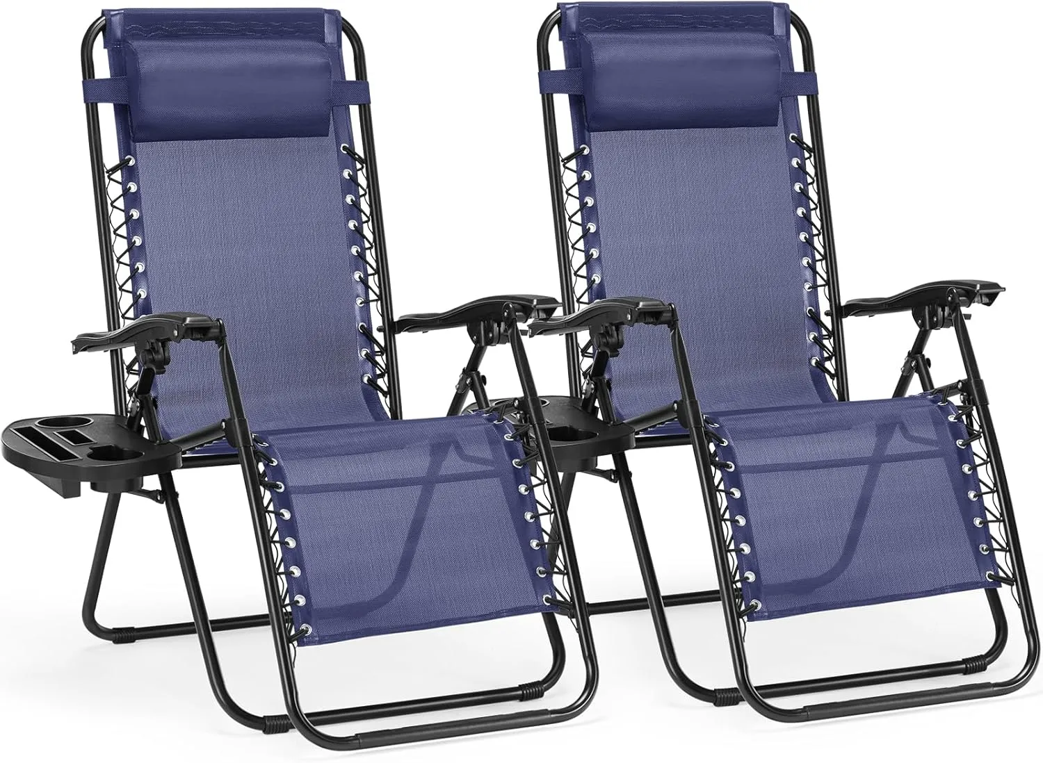 2 Pack Blue Outdoor Patio Lounge Chairs Folding Recliners for Poolside Beach Camping Includes Pillow Cup Holder Detachable Tray Breathable Mesh Adjustable Backrest Headrest 300 lb Capacity