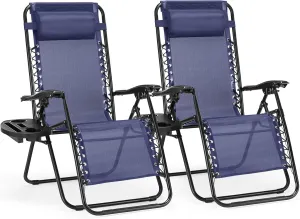 2 Pack Blue Outdoor Patio Lounge Chairs Folding Recliners for Poolside Beach Camping Includes Pillow Cup Holder Detachable Tray Breathable Mesh Adjustable Backrest Headrest 300 lb Capacity