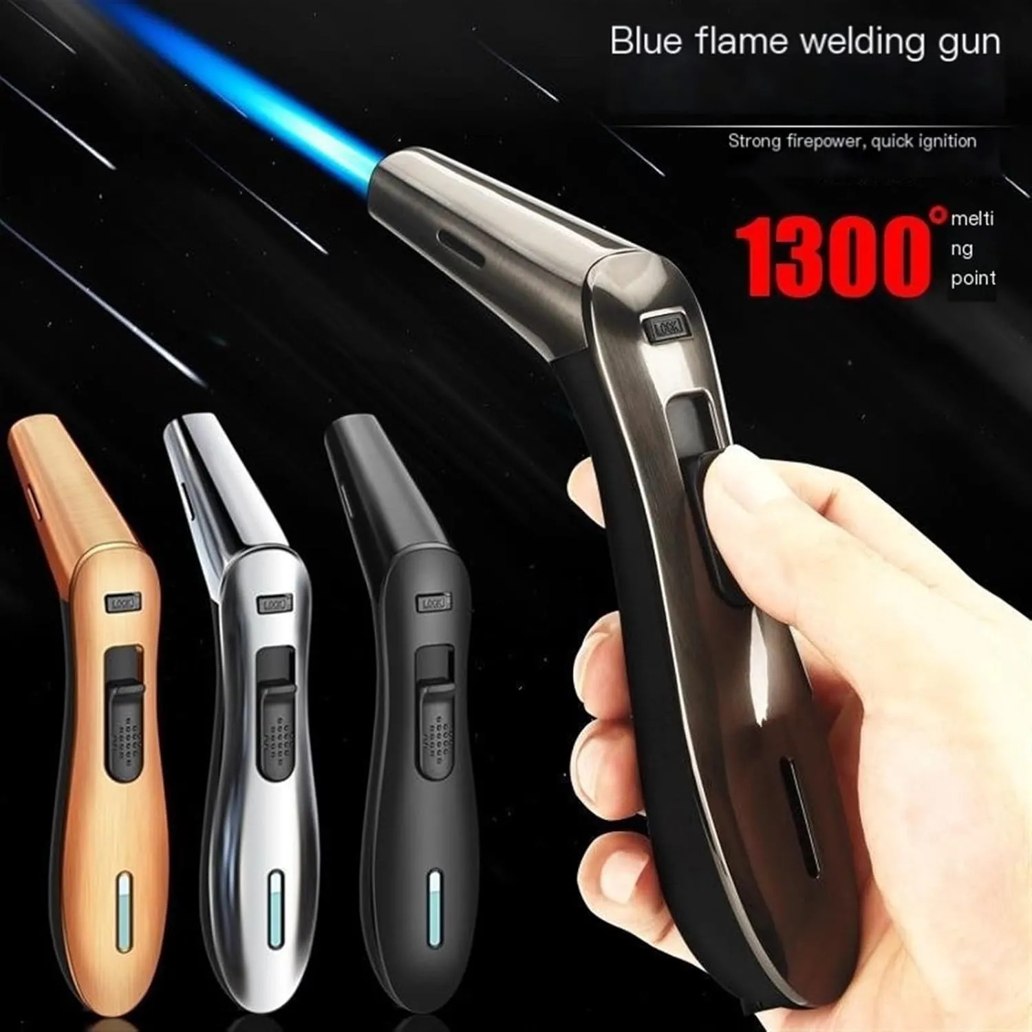 2 Pack Butane Torch Lighter, with Adjustable Flame & Ignition Lock - Handheld 6IN Long Pen Lighter for Grill BBQ Candle Camping (Gas Not Included) (Color : Silver Brushed Black)