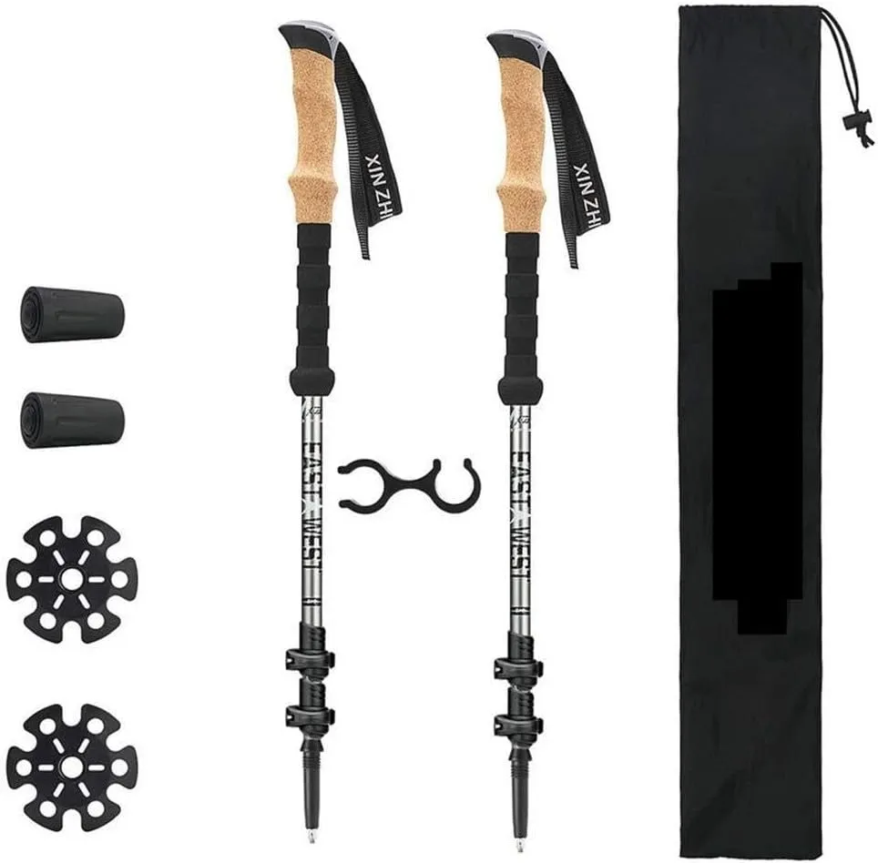 2 Pack Carbon Fiber Trekking Poles – Collapsible and Telescopic Hiking Sticks with Natural Cork Handles, EVA Grips, Shock Absorber, Lightweight and Adjustable for Backpacking, Camping, Walking