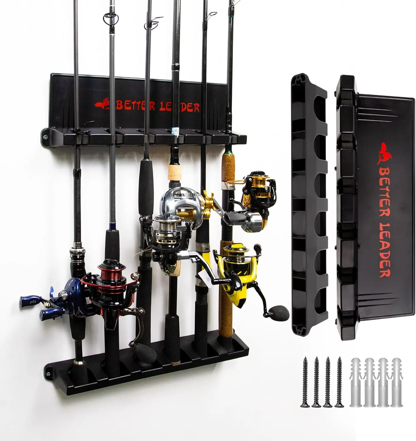 2 Pack Vertical Fishing Rod Holder for Garage, BETTER LEADER Fishing Pole Holders- Holds Up to 12 Rods or Combos, Wall Mount Fishing Pole Rack, Fits Most Rods of Diameter 3-19mm, Fishing Gifts for Men