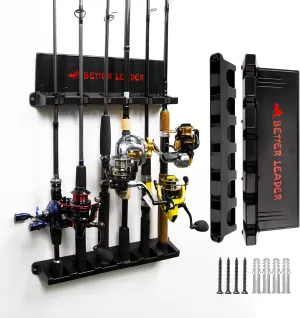 2 Pack Vertical Fishing Rod Holder for Garage, BETTER LEADER Fishing Pole Holders- Holds Up to 12 Rods or Combos, Wall Mount Fishing Pole Rack, Fits Most Rods of Diameter 3-19mm, Fishing Gifts for Men