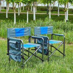 2-Piece Padded Folding Outdoor Chair with Storage Pockets, Lightweight Oversized Design, Blue/Grey