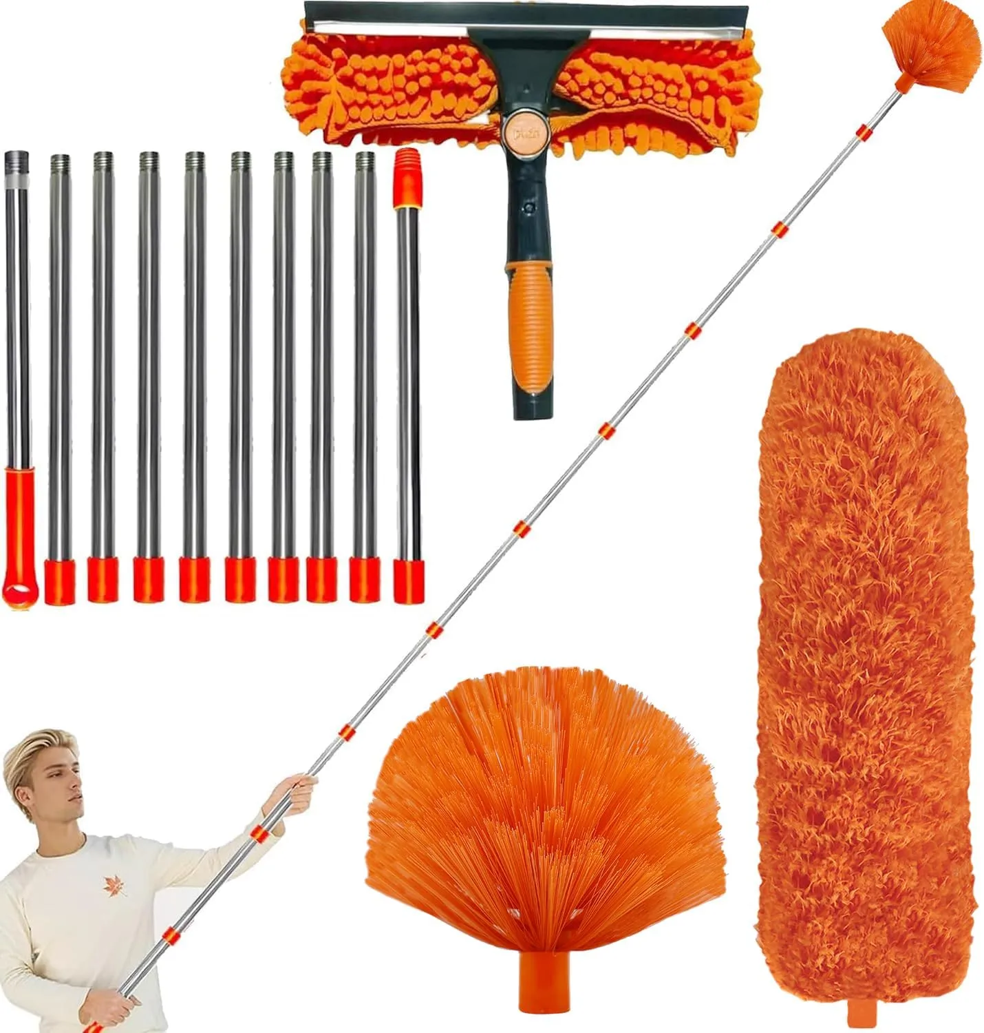 20  Feet High Reach Dusting Kit with 3-14 ft Extension Pole //2 in 1 Window Cleaning Kit // High Ceiling Duster // Cobweb Microfiber Duster // Outdoor & Indoor Extendable Duster Cleaning Kit