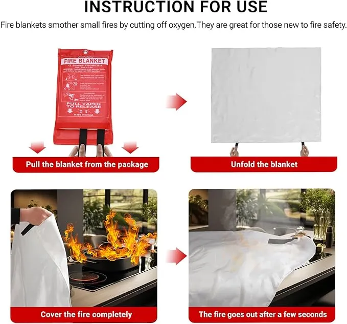 2024 Heavy-Duty Emergency Fire Blanket for Home and Kitchen - 40” x 40” Fiberglass Fire Blanket - Class K Fire Blanket for Home,Kitchen,Grill,Car (4PACK)