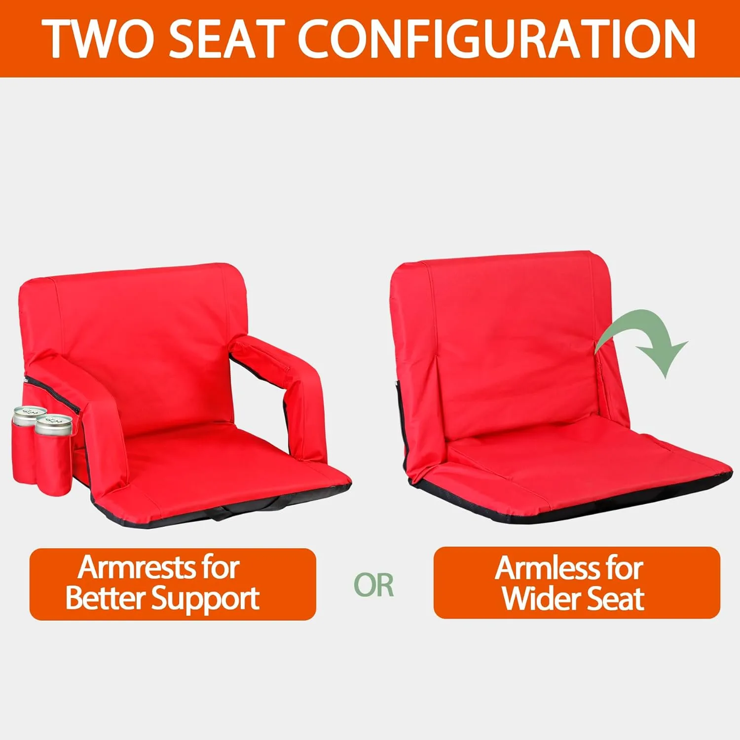 20.5"/25" Wide Stadium Seats for Bleachers Portable Outdoor Floor Chairs with Straps Armrest 6-Reclining Adjustable Back Support Water Resistant Anti-Slip Base