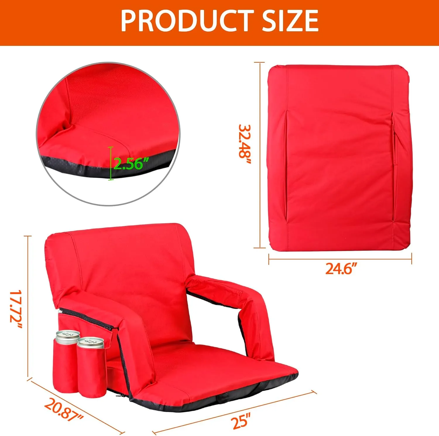 20.5"/25" Wide Stadium Seats for Bleachers Portable Outdoor Floor Chairs with Straps Armrest 6-Reclining Adjustable Back Support Water Resistant Anti-Slip Base
