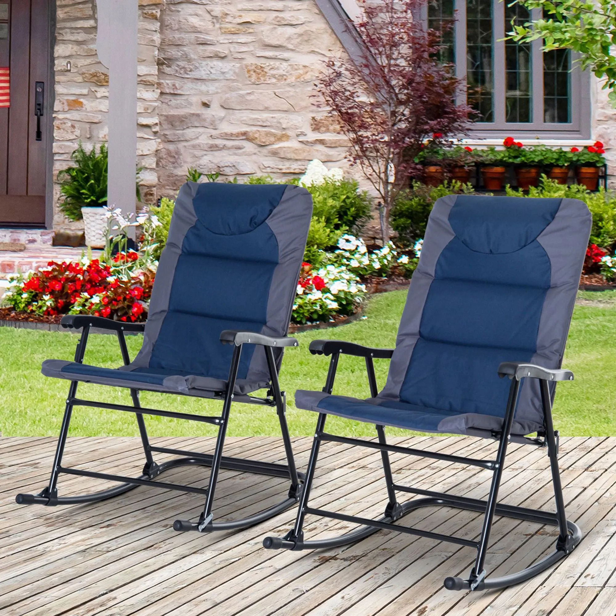 2pc Patio Foldable Rocking Chair Set w/ Soft Padded Seat, Backrest, and Headrest for park, backyard, garden, Navy Blue