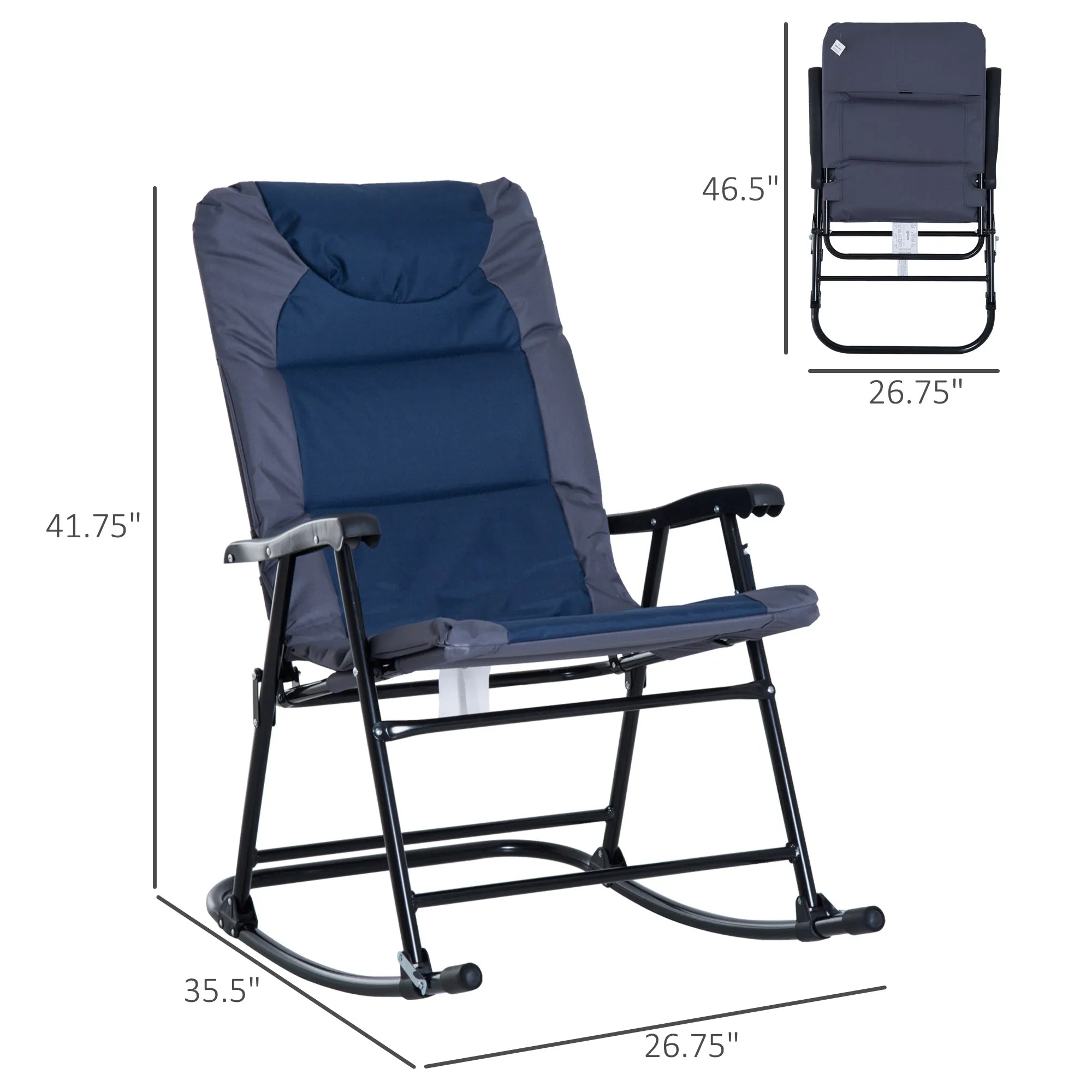 2pc Patio Foldable Rocking Chair Set w/ Soft Padded Seat, Backrest, and Headrest for park, backyard, garden, Navy Blue