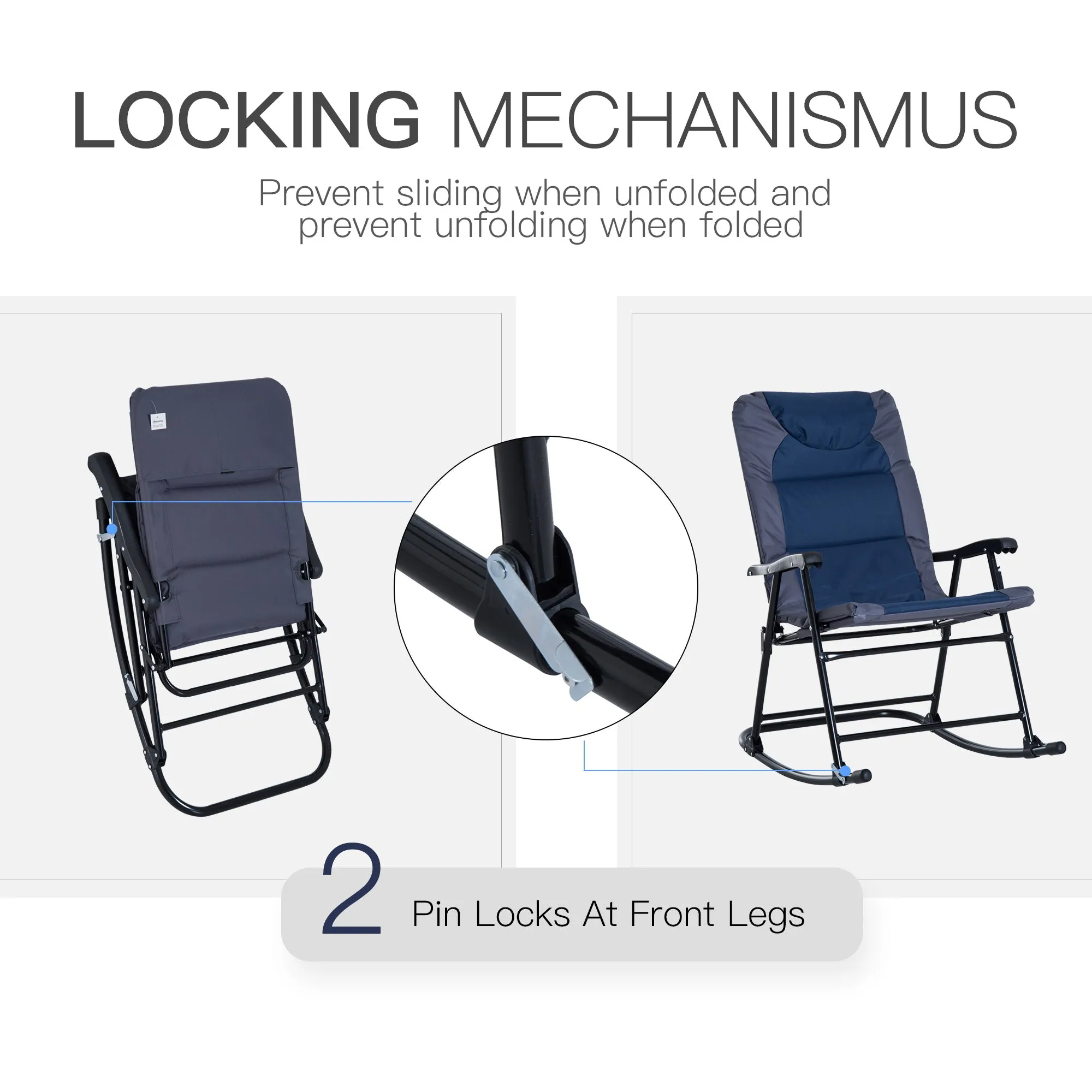 2pc Patio Foldable Rocking Chair Set w/ Soft Padded Seat, Backrest, and Headrest for park, backyard, garden, Navy Blue