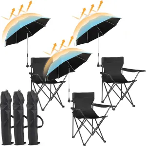 3 Pack Beach Chair with 3 Pack Adjustable Umbrella for Adult, Low Folding Chair Detachable with Armrests Cup Holder, 360 Degree Universal Clamp UV Protection Umbrella for Sand Camping Pool
