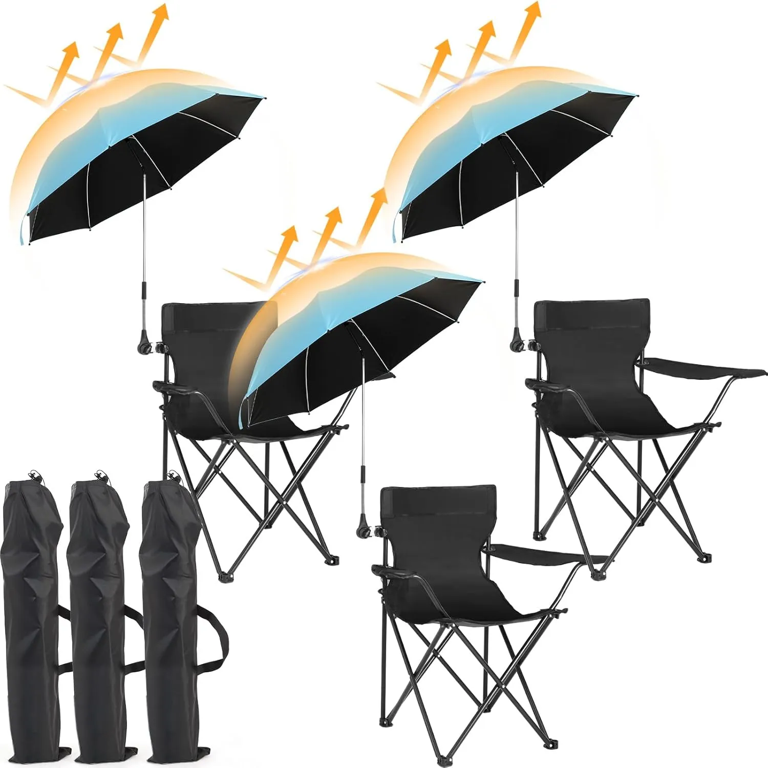 3 Pack Beach Chair with 3 Pack Adjustable Umbrella for Adult, Low Folding Chair Detachable with Armrests Cup Holder, 360 Degree Universal Clamp UV Protection Umbrella for Sand Camping Pool