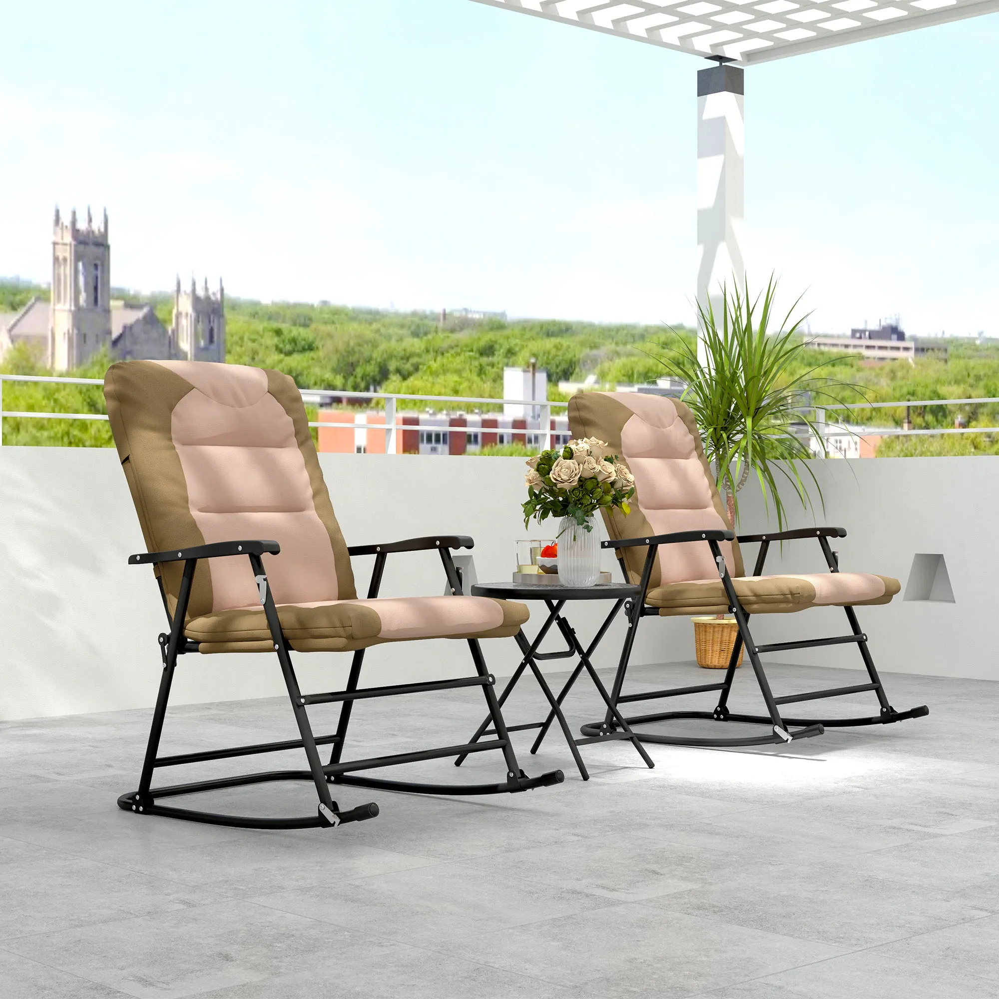 3pc Patio Foldable Rocking Chair Set, Outdoor Rocking Chairs and Table Bistro Set w/ Padded Seat, Headrest, Backrest for Park, Backyard, Garden, Light Brown