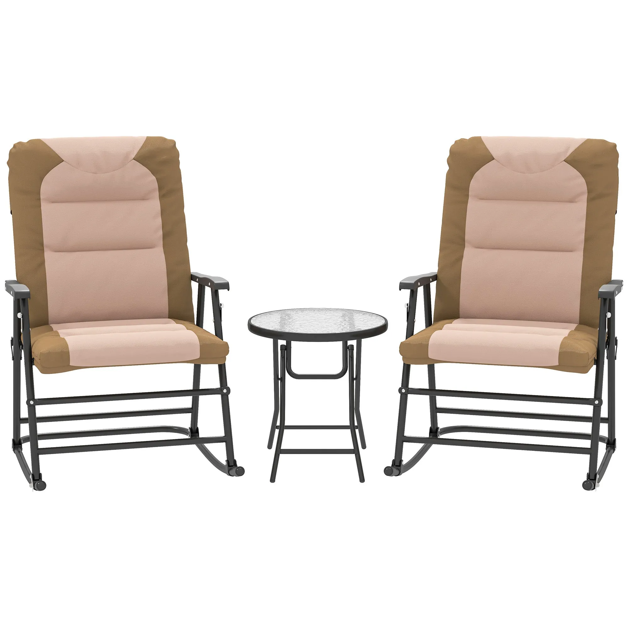 3pc Patio Foldable Rocking Chair Set, Outdoor Rocking Chairs and Table Bistro Set w/ Padded Seat, Headrest, Backrest for Park, Backyard, Garden, Light Brown