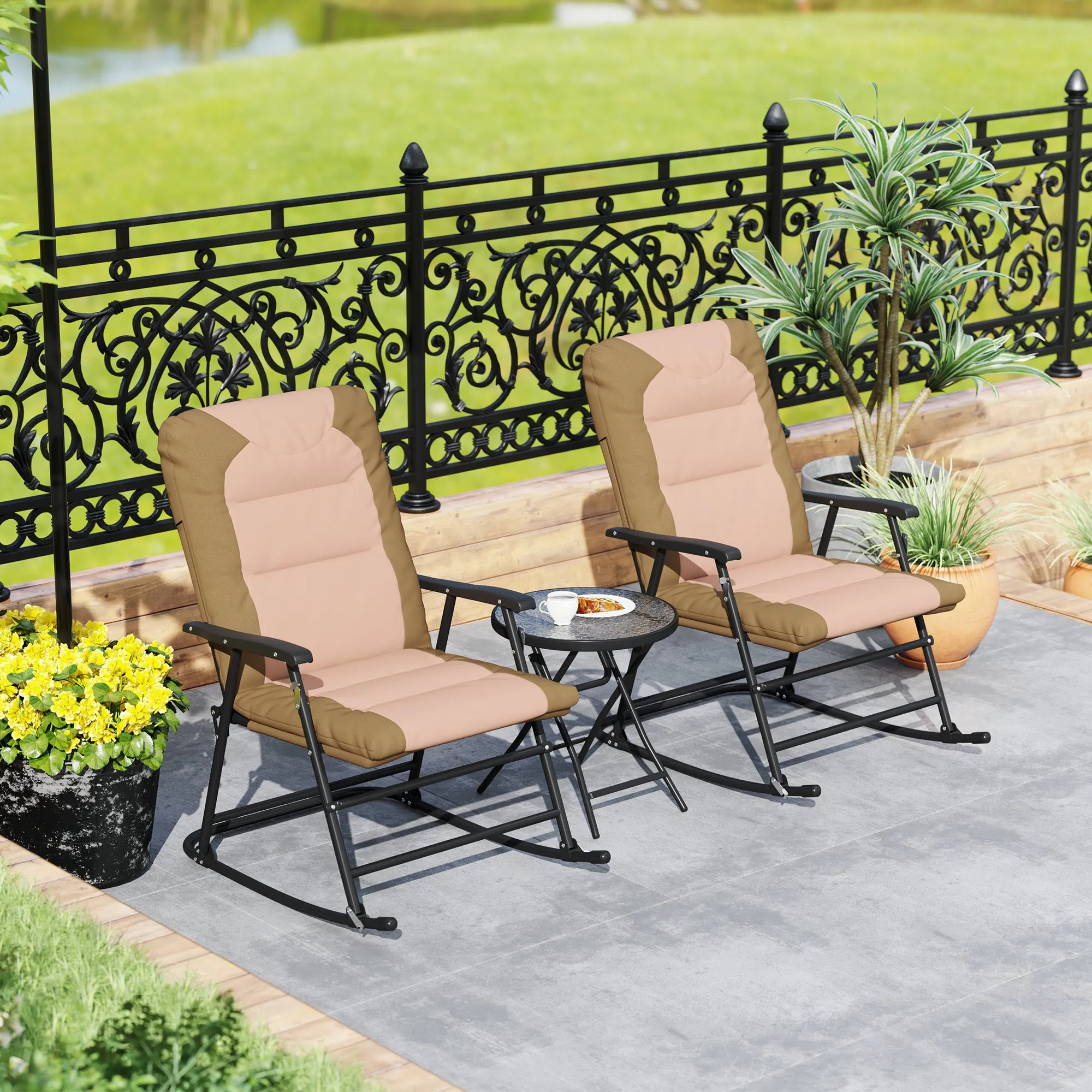 3pc Patio Foldable Rocking Chair Set, Outdoor Rocking Chairs and Table Bistro Set w/ Padded Seat, Headrest, Backrest for Park, Backyard, Garden, Light Brown