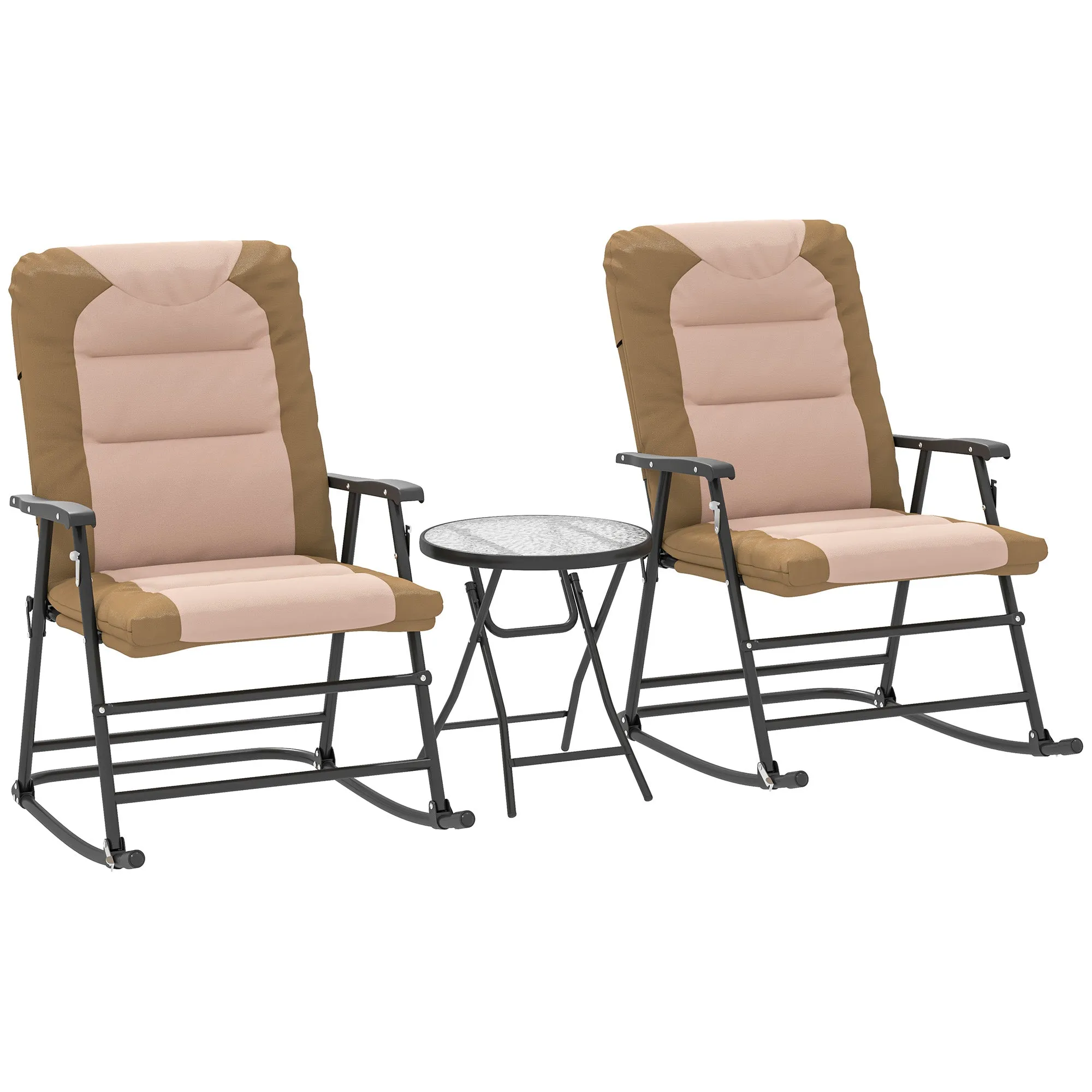 3pc Patio Foldable Rocking Chair Set, Outdoor Rocking Chairs and Table Bistro Set w/ Padded Seat, Headrest, Backrest for Park, Backyard, Garden, Light Brown