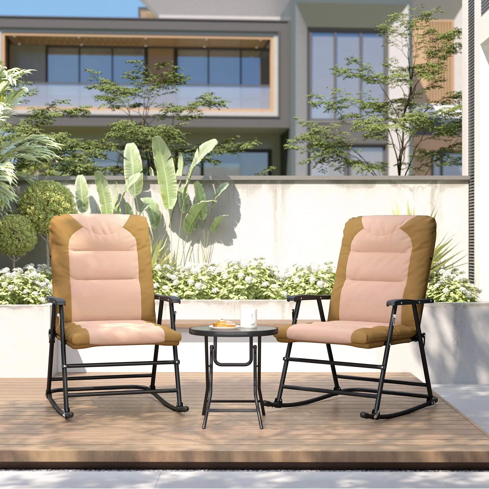 3pc Patio Foldable Rocking Chair Set, Outdoor Rocking Chairs and Table Bistro Set w/ Padded Seat, Headrest, Backrest for Park, Backyard, Garden, Light Brown