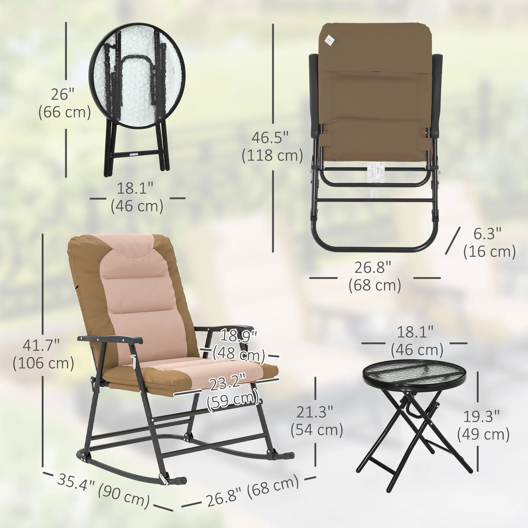 3pc Patio Foldable Rocking Chair Set, Outdoor Rocking Chairs and Table Bistro Set w/ Padded Seat, Headrest, Backrest for Park, Backyard, Garden, Light Brown
